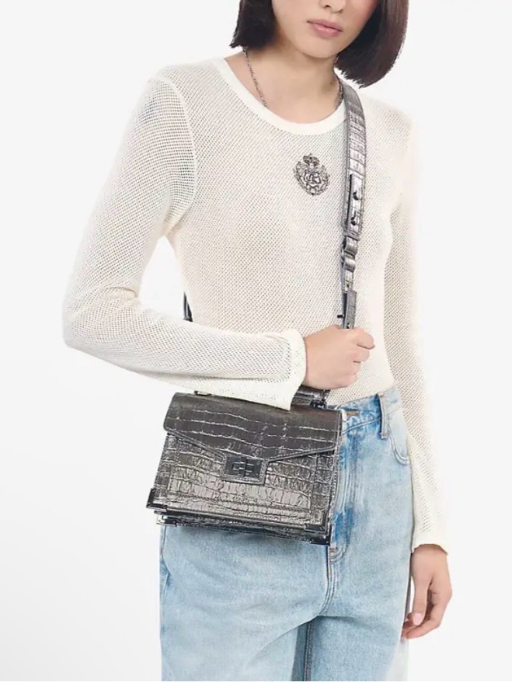 The Kooples Emily Crocodile Effect Small Bag - Gunmetal